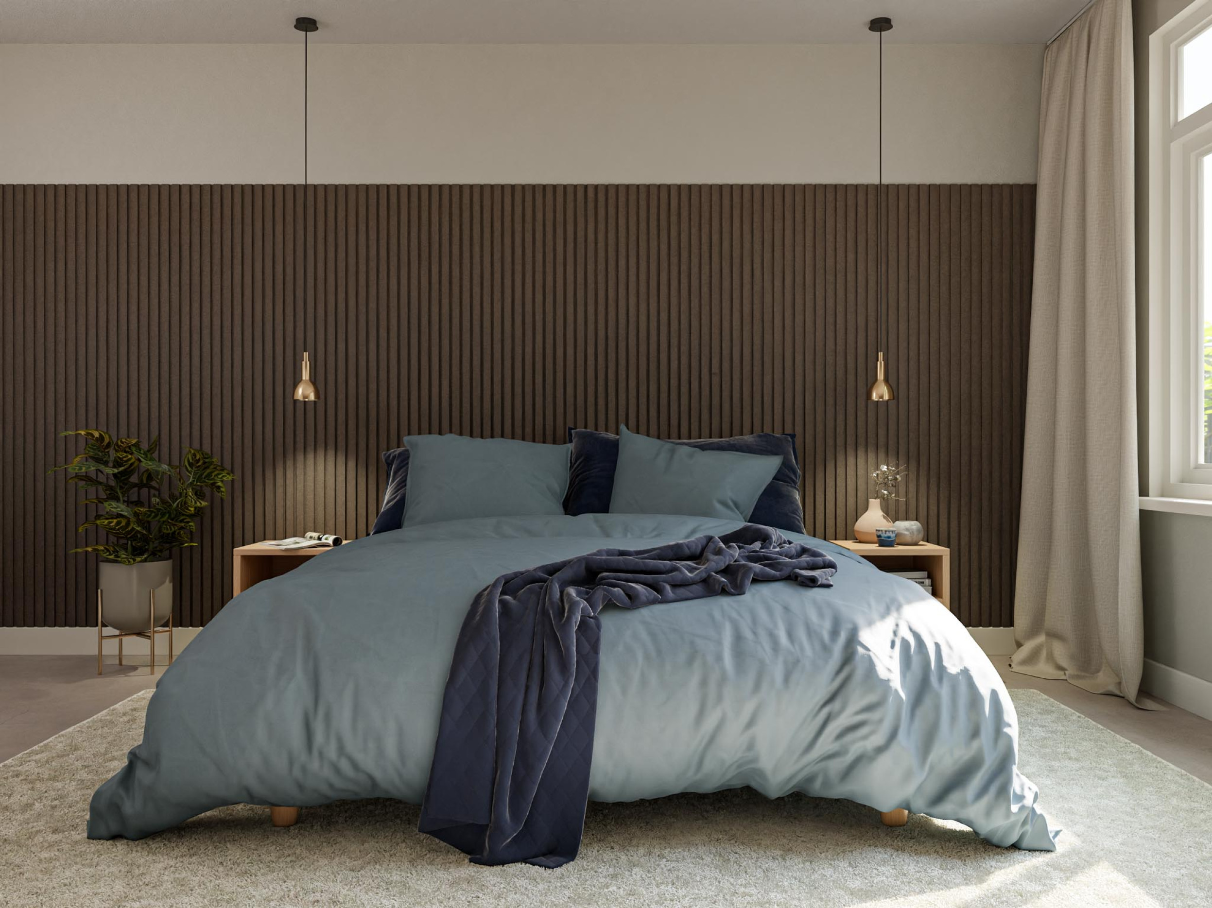 Wandpanelen in de slaapkamer met akoestische panelen als hoofdbord gewoongers