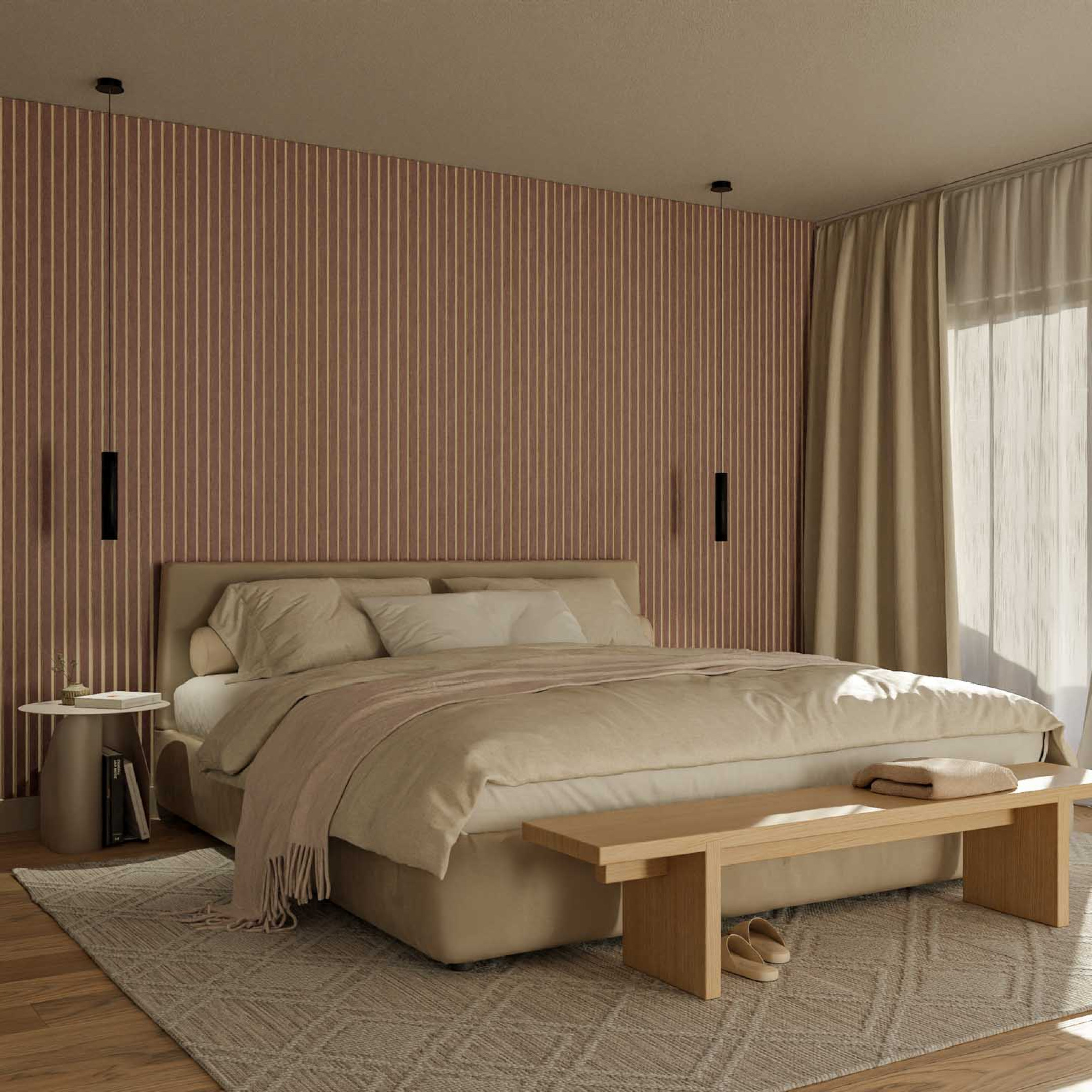 akoestisch wandpaneel slaapkamer lattenwand achter bed