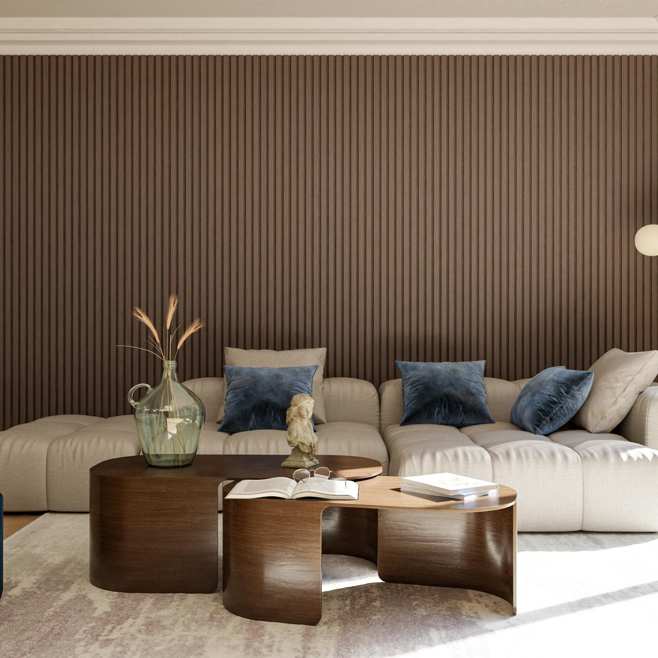 woonkamer met akoestische wandpanelen GewoonGers zithoek lattenwand