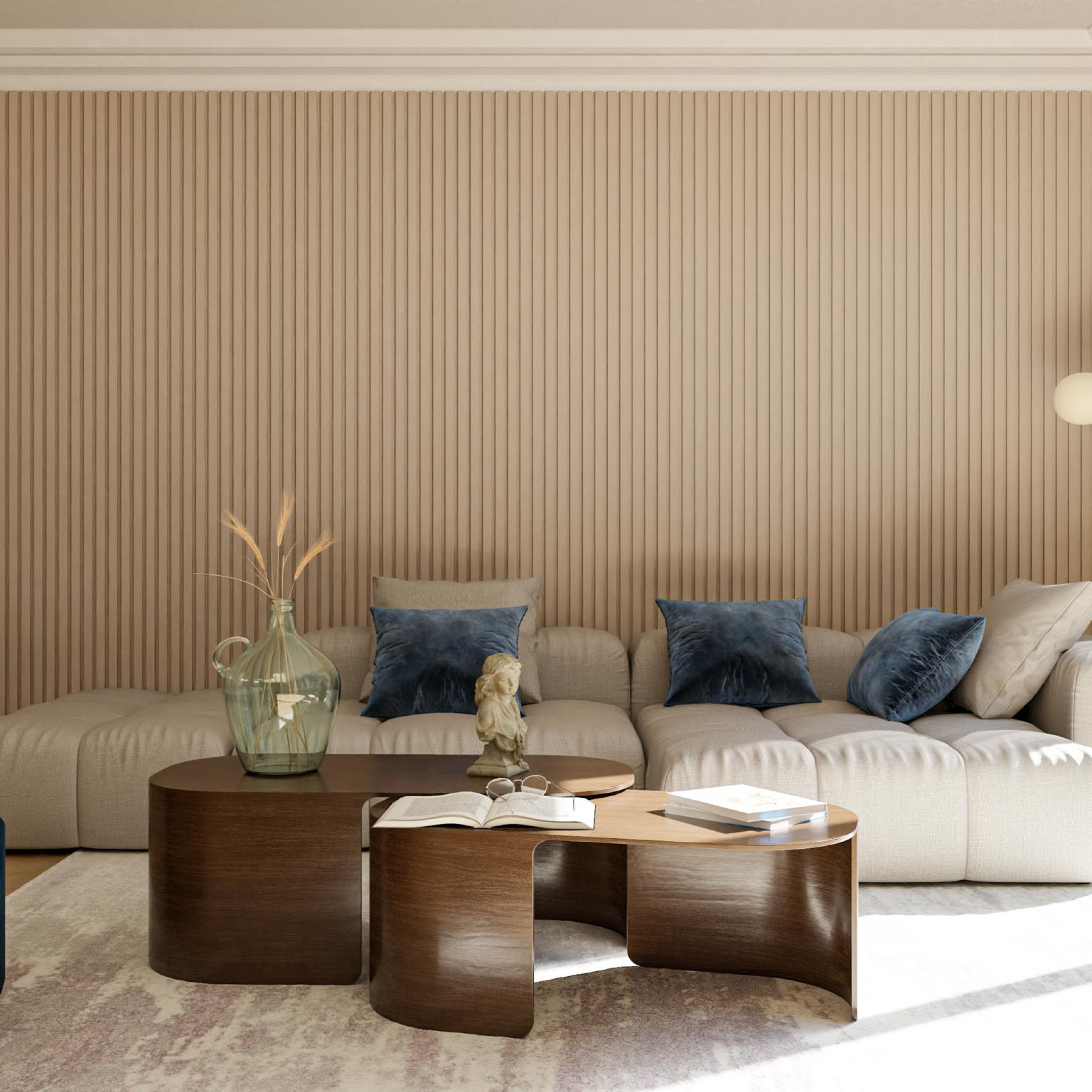 akoestische panelen lattenwand achter bankstel gewoongers vilten paneel