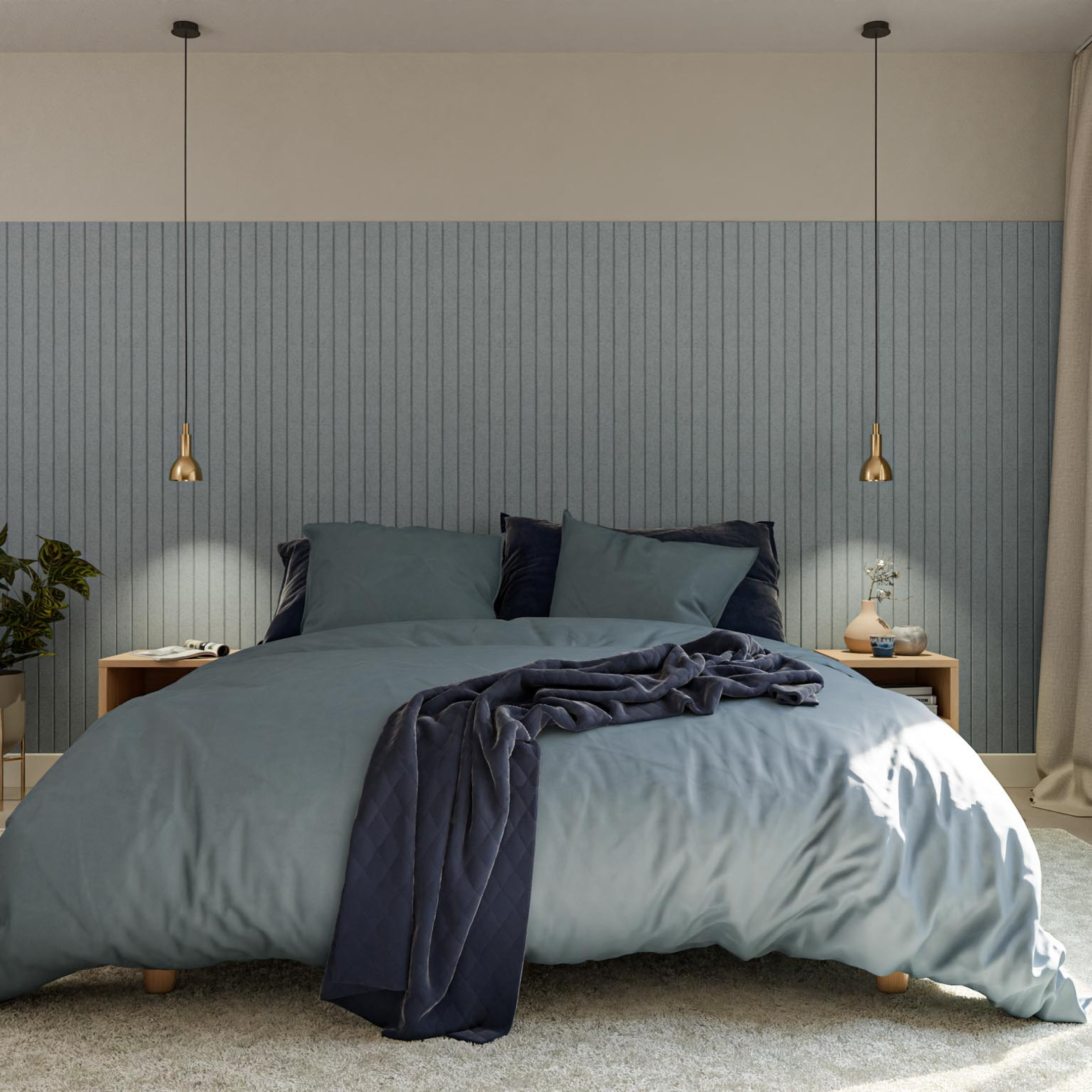 Slaapkamer interieur met akoestische panelen als hoofdbord gewoongers