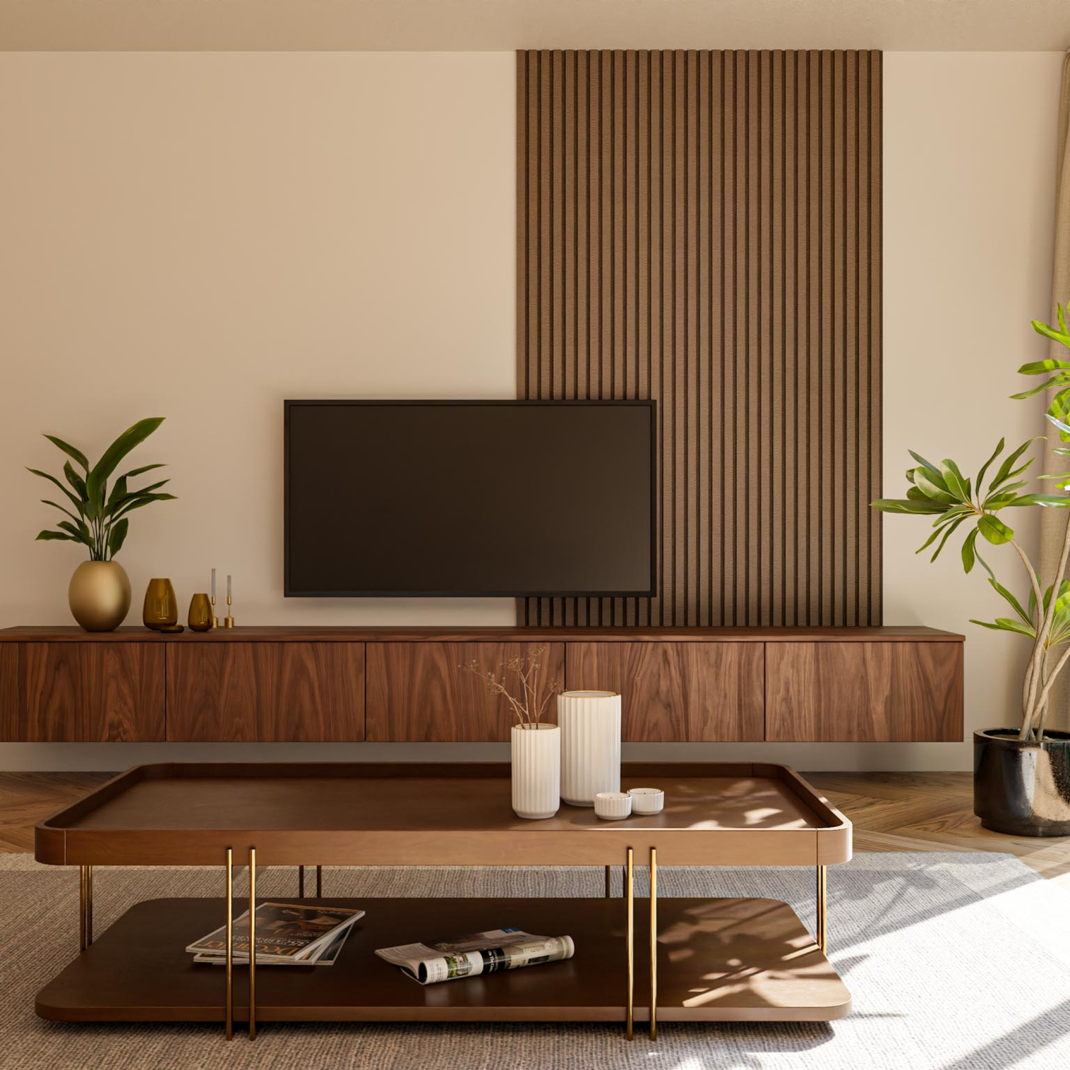 Latjes achter televisie wandpaneel akupanel gewoongers tv meubel