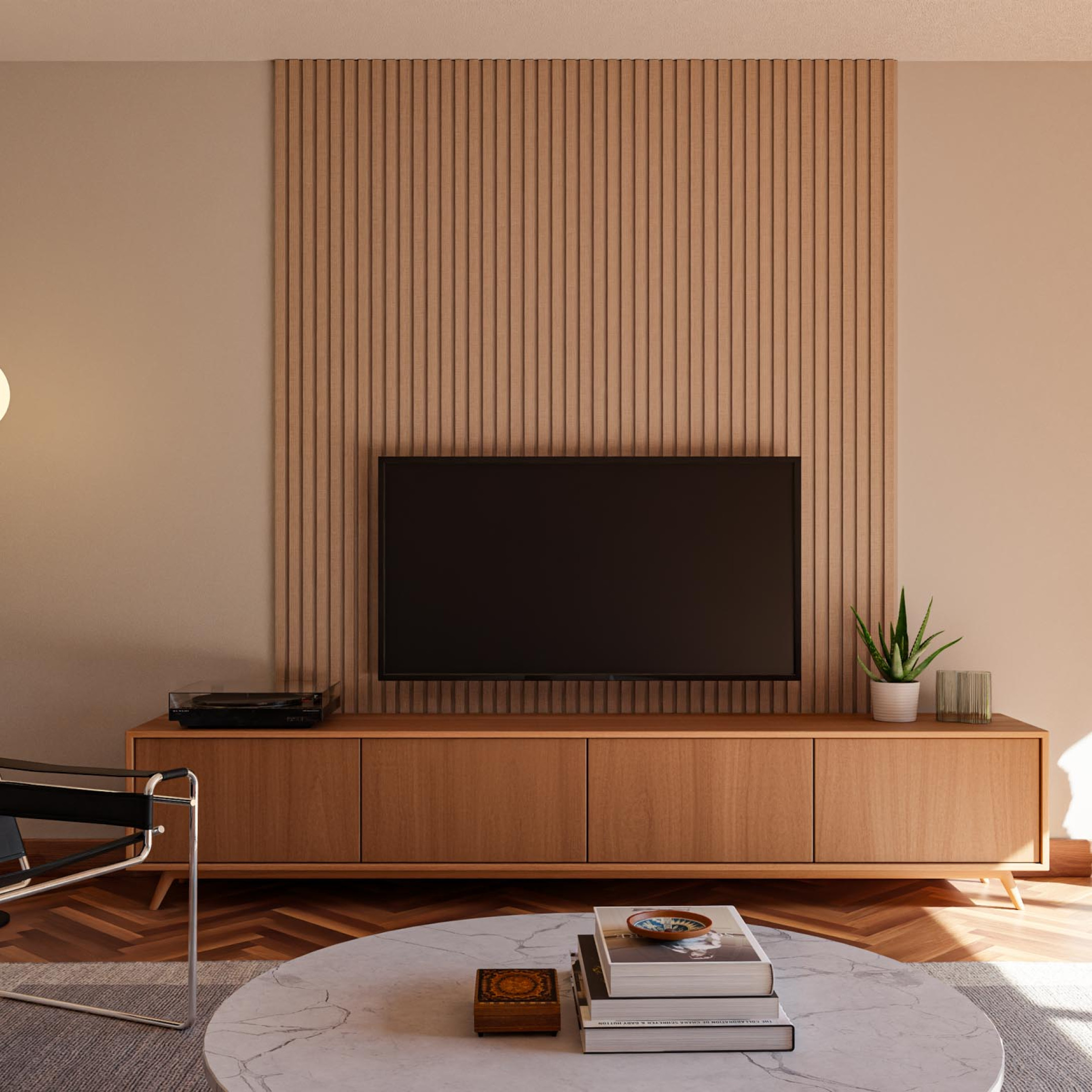 Latjes achter televisie wandpaneel akupanel gewoongers tv meubel