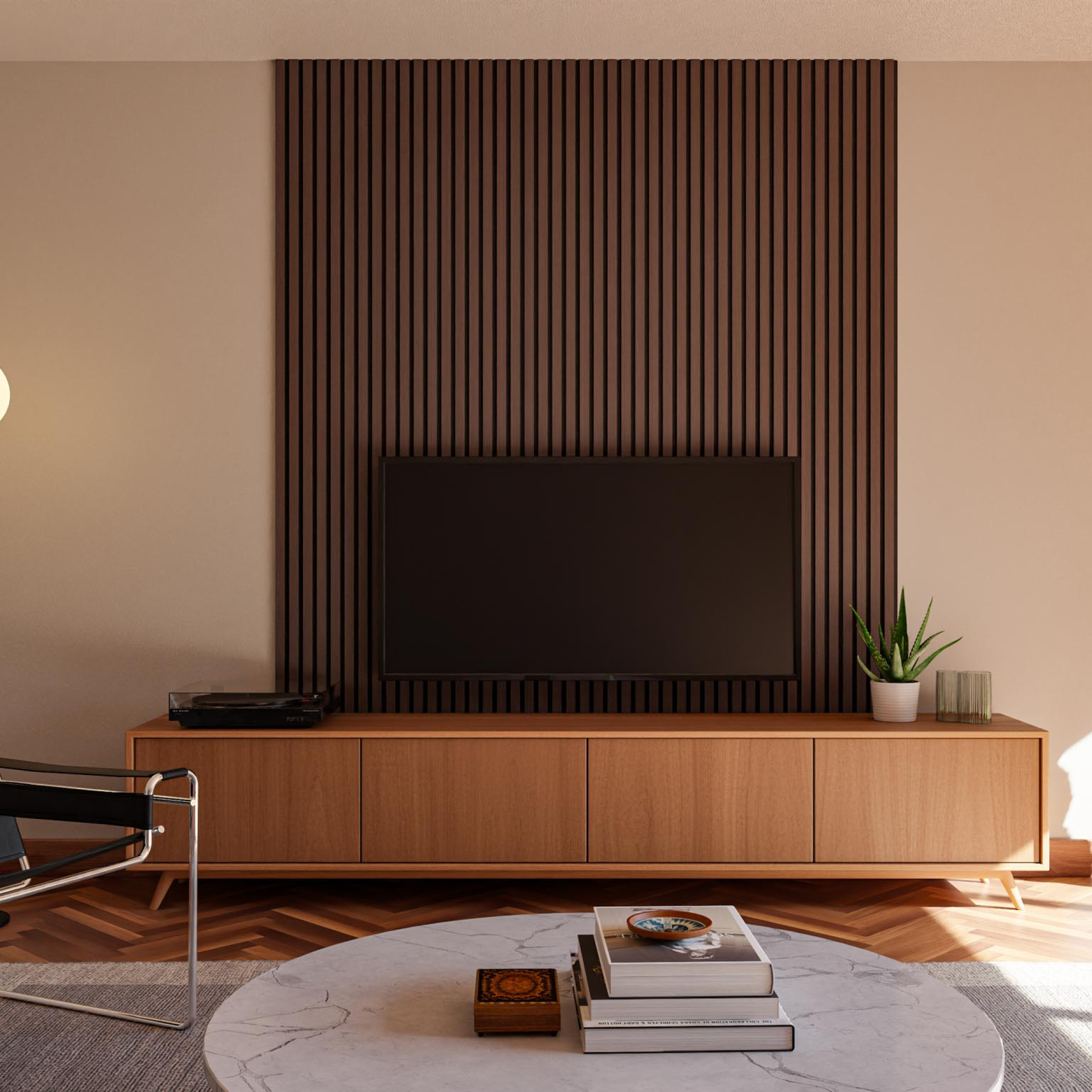 Latjes achter televisie wandpaneel akupanel gewoongers tv meubel