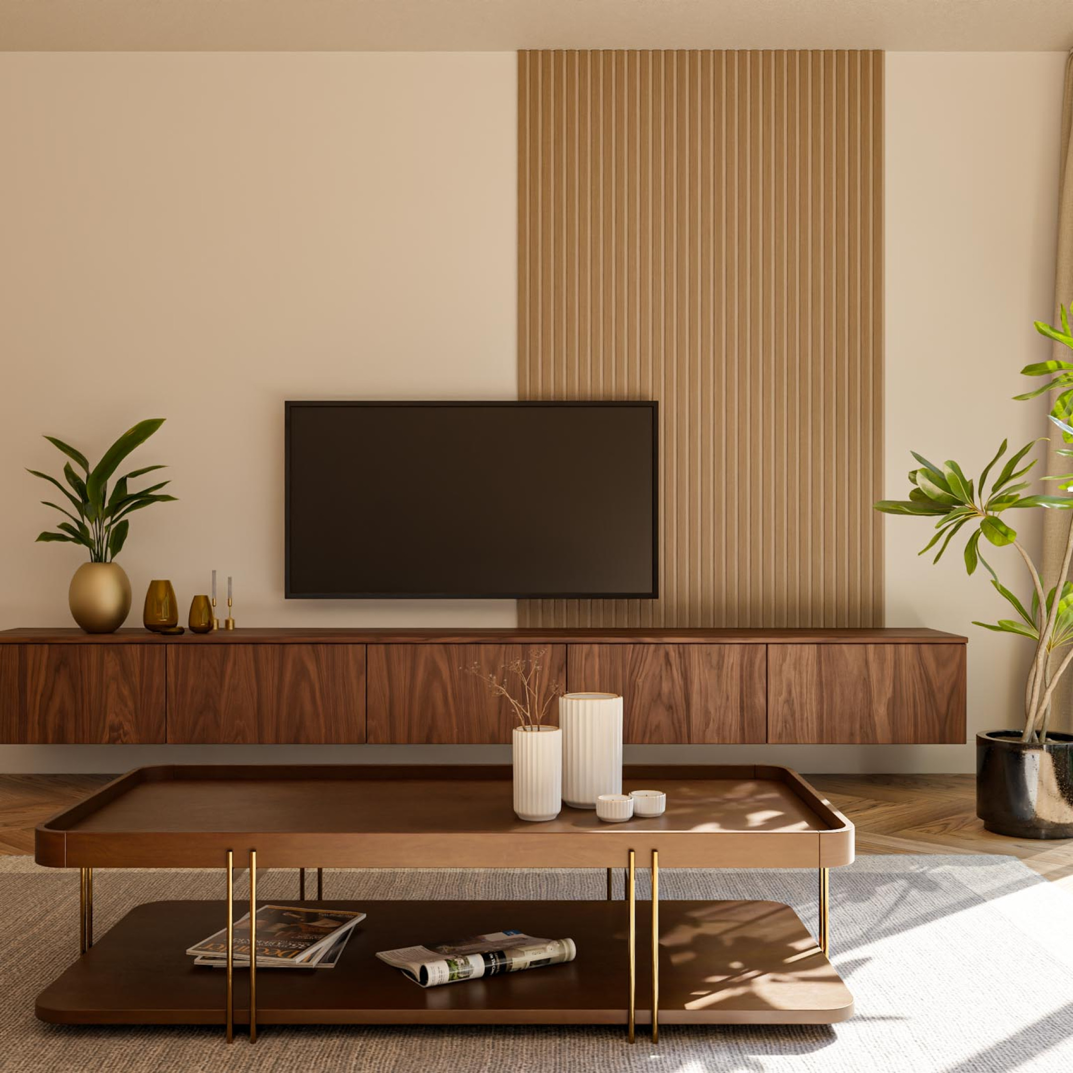 Latjes achter televisie wandpaneel akupanel gewoongers tv meubel