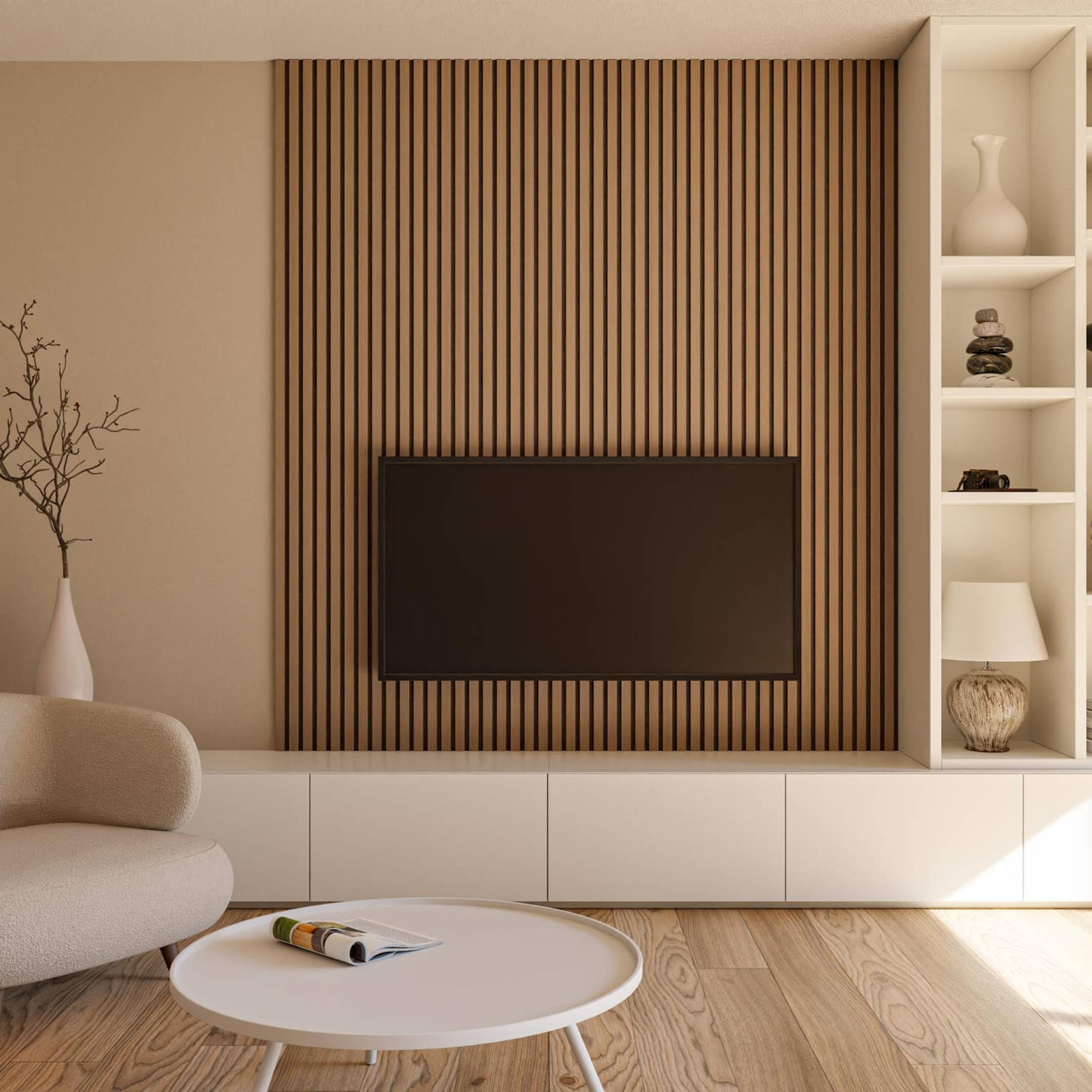 Latjes achter televisie wandpaneel akupanel gewoongers tv meubel