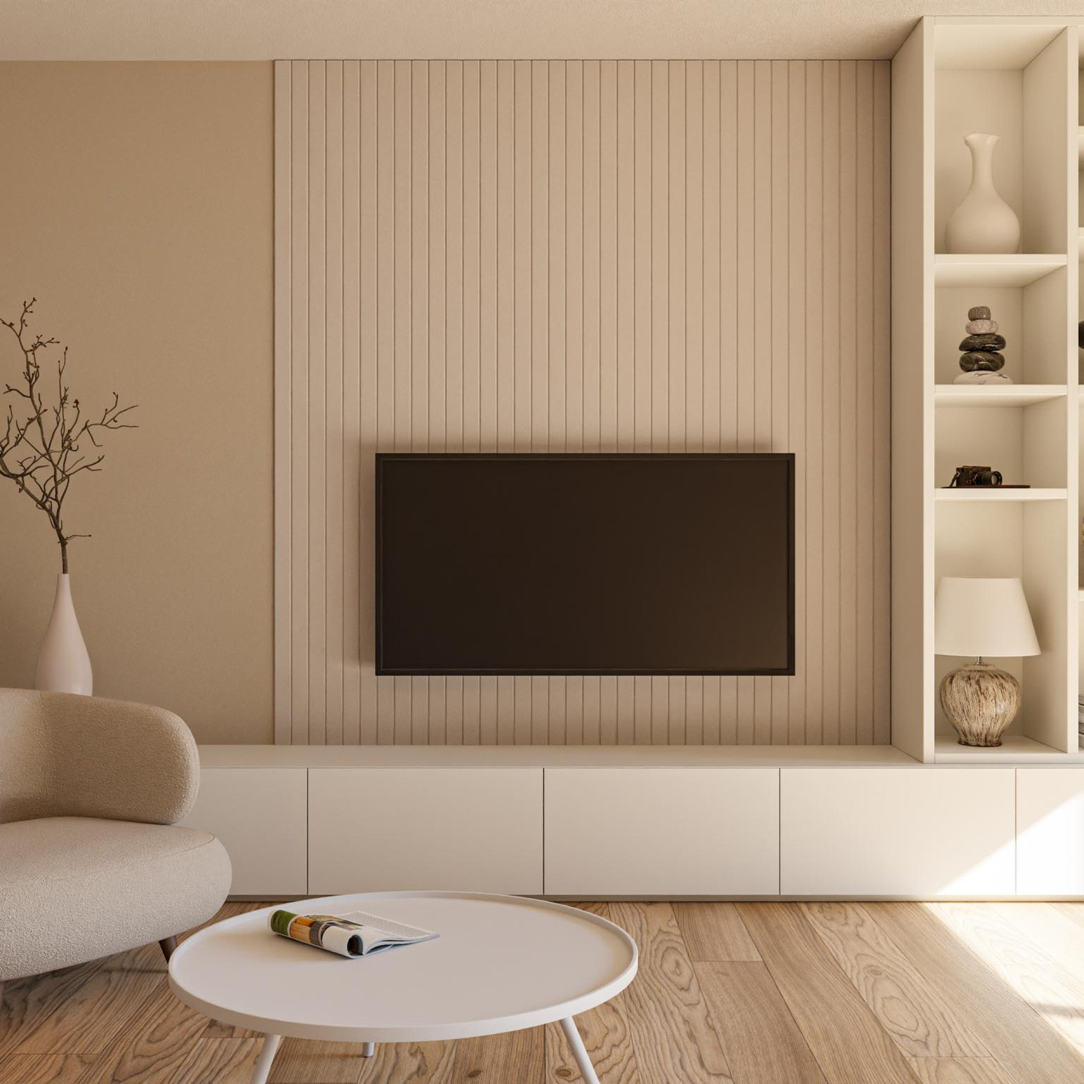 latten achter televisie tv meubel woonkamer inrichten vilt wandpaneel GewoonGers