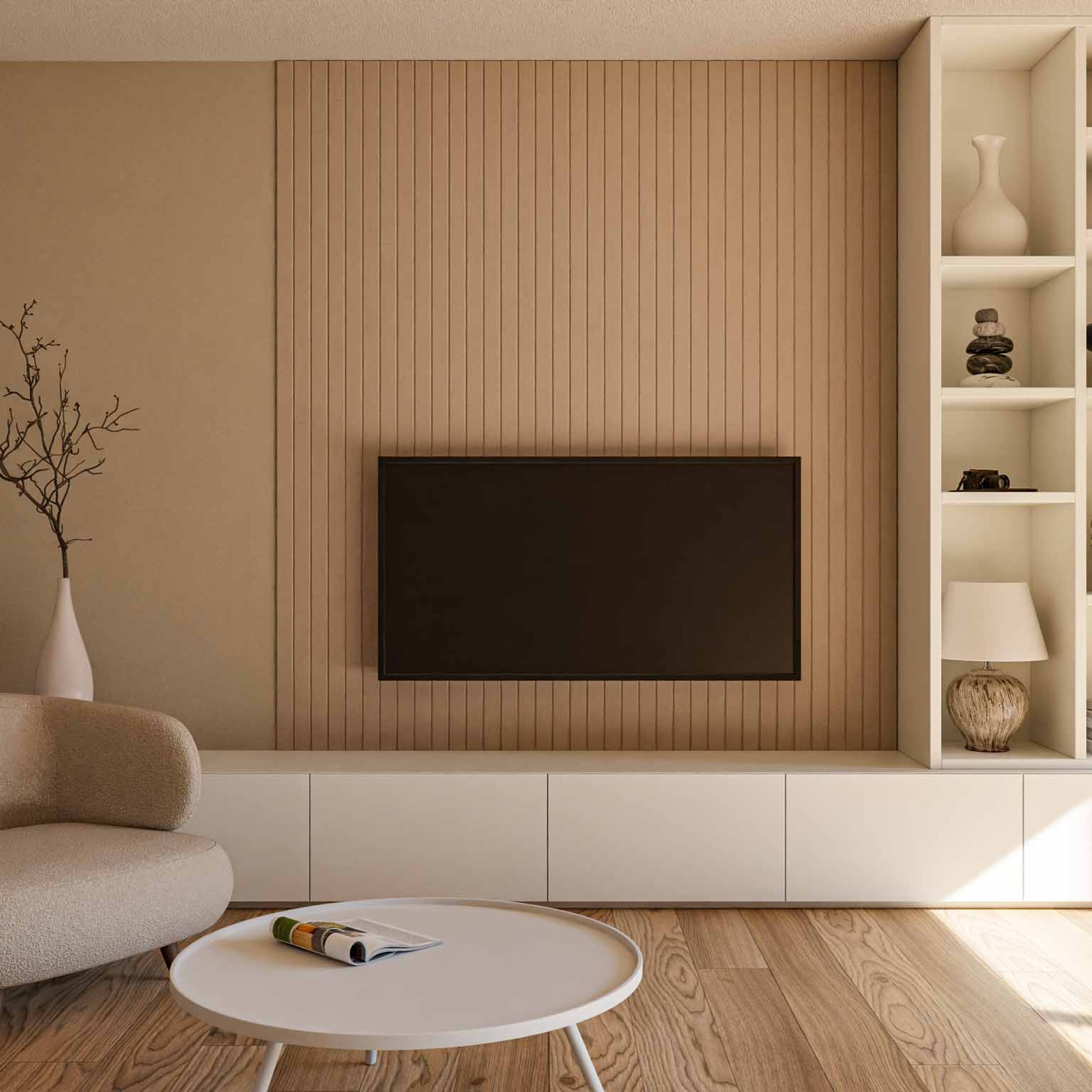 latten achter televisie tv meubel woonkamer inrichten vilt wandpaneel GewoonGers