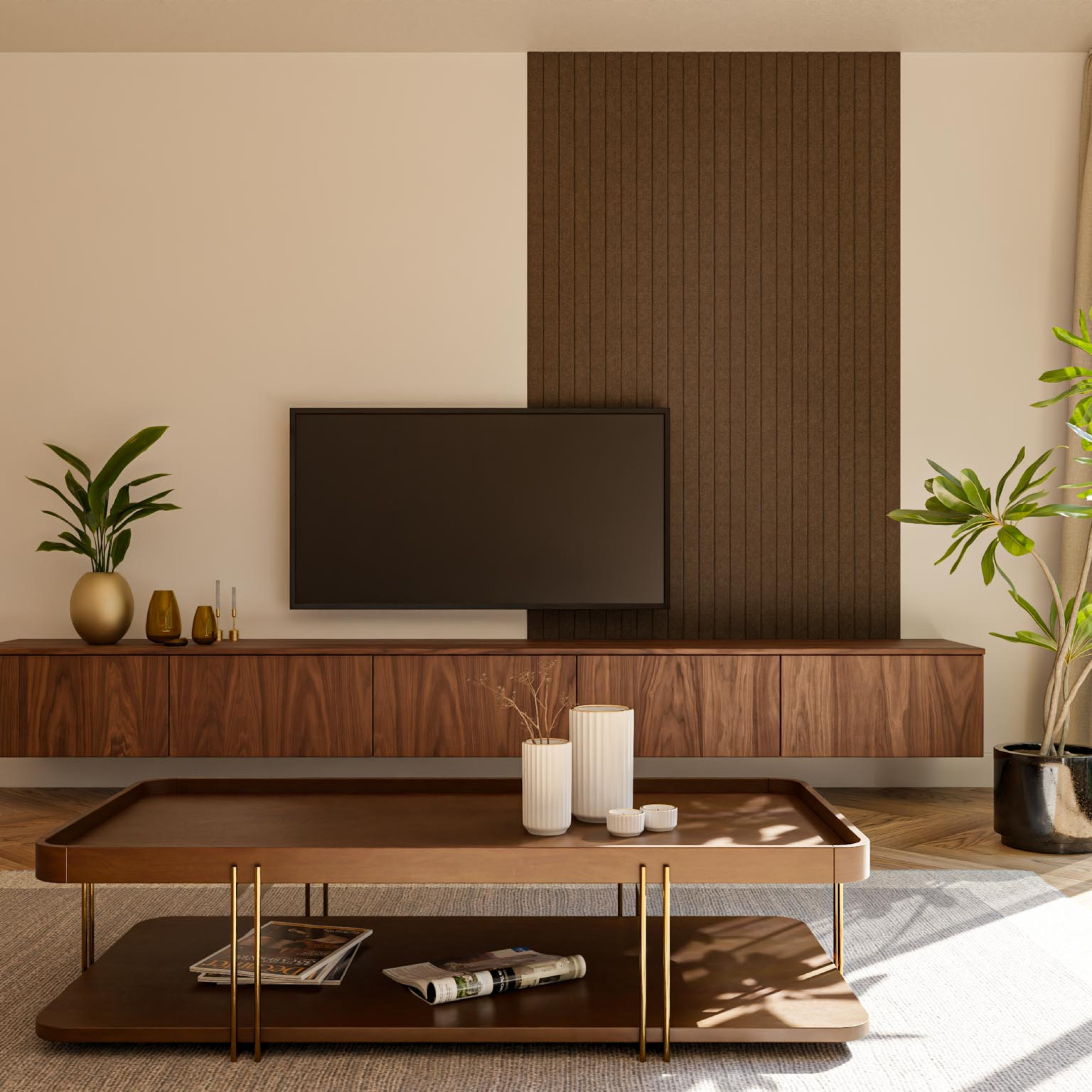 latten achter televisie tv meubel woonkamer inrichten vilt wandpaneel GewoonGers