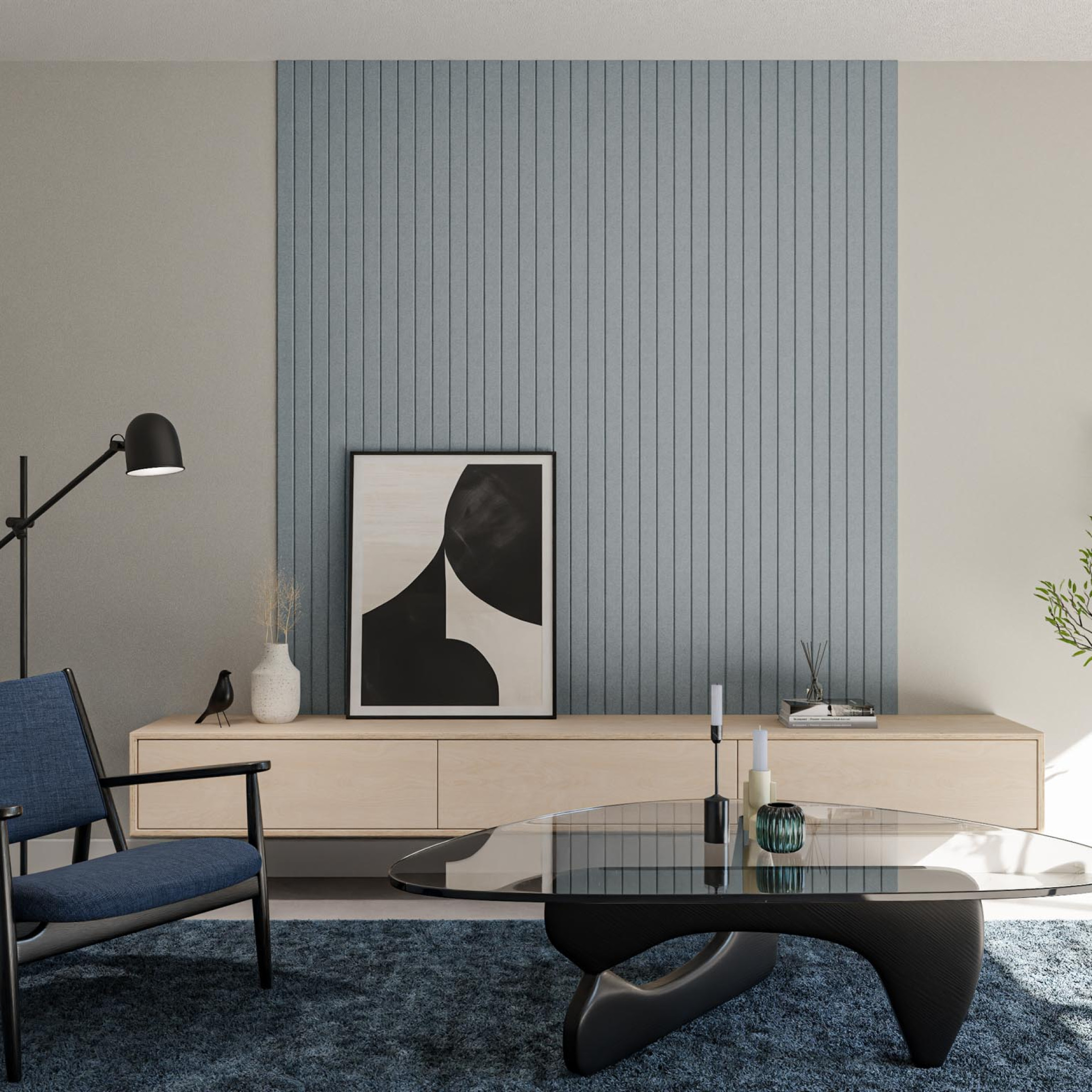 woonkamer inrichten met akoestische panelen wanddecoratie vilt