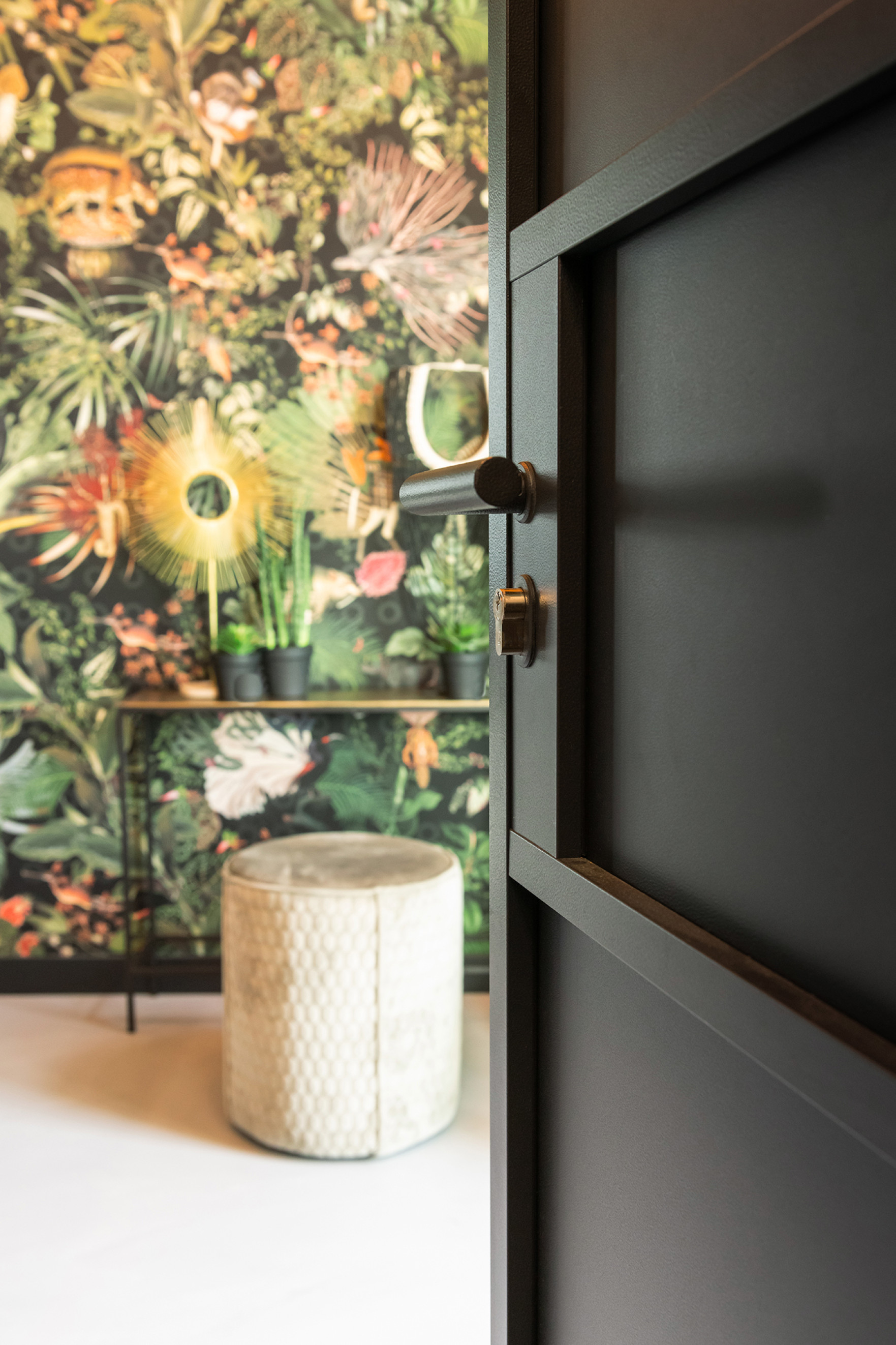 zwarte stalen deur met aluminium plaat