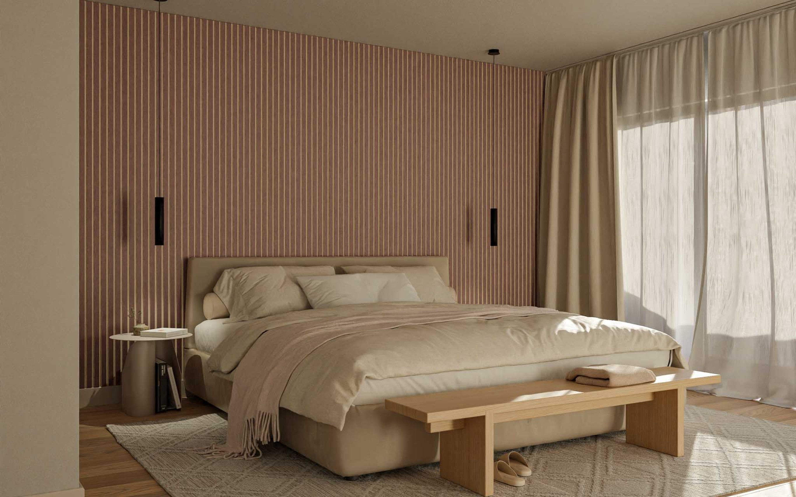 akoestisch wandpaneel slaapkamer lattenwand achter bed