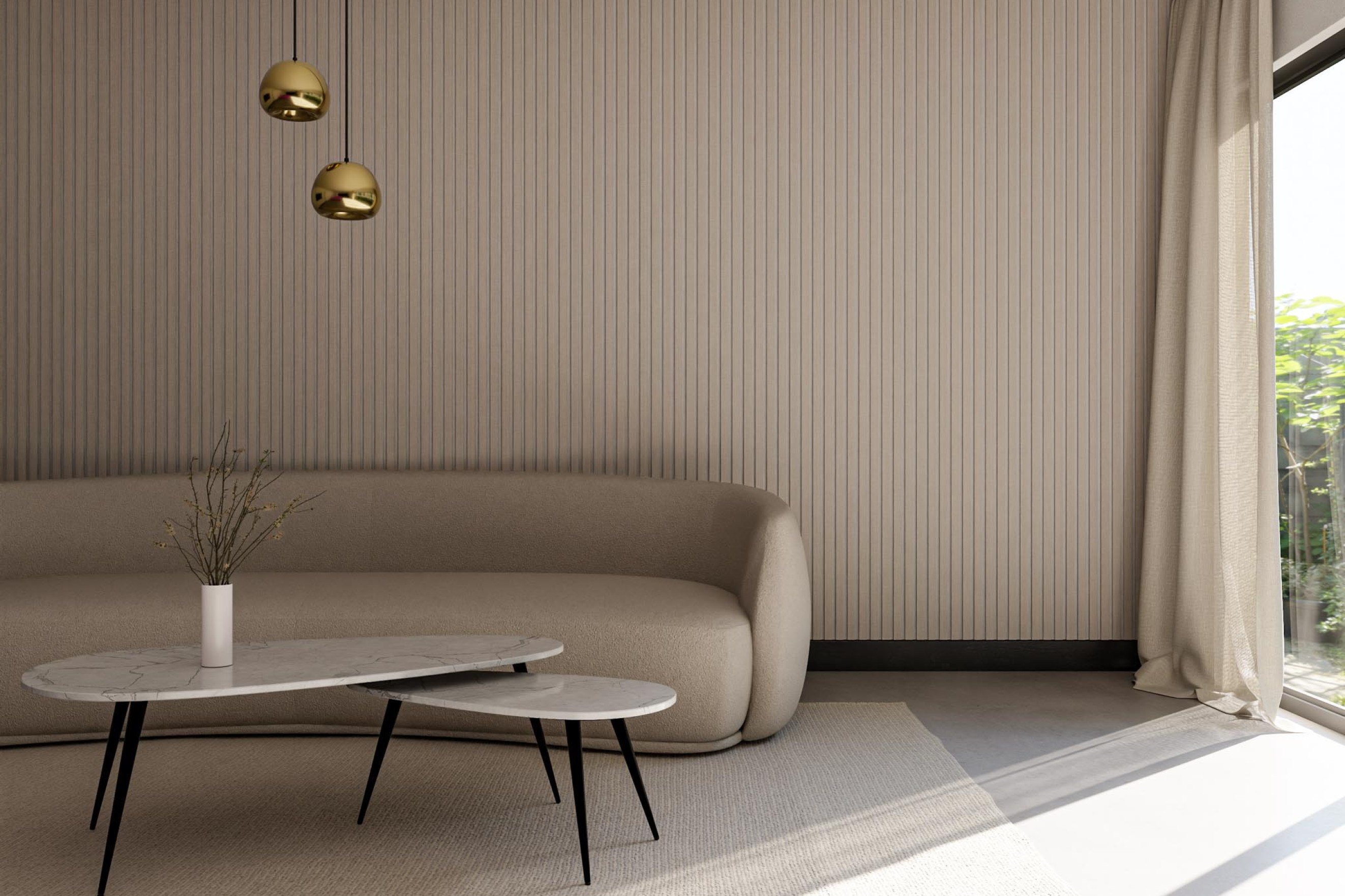 Beige wandpaneel van vilt zitkamer inrichten wand decoratie