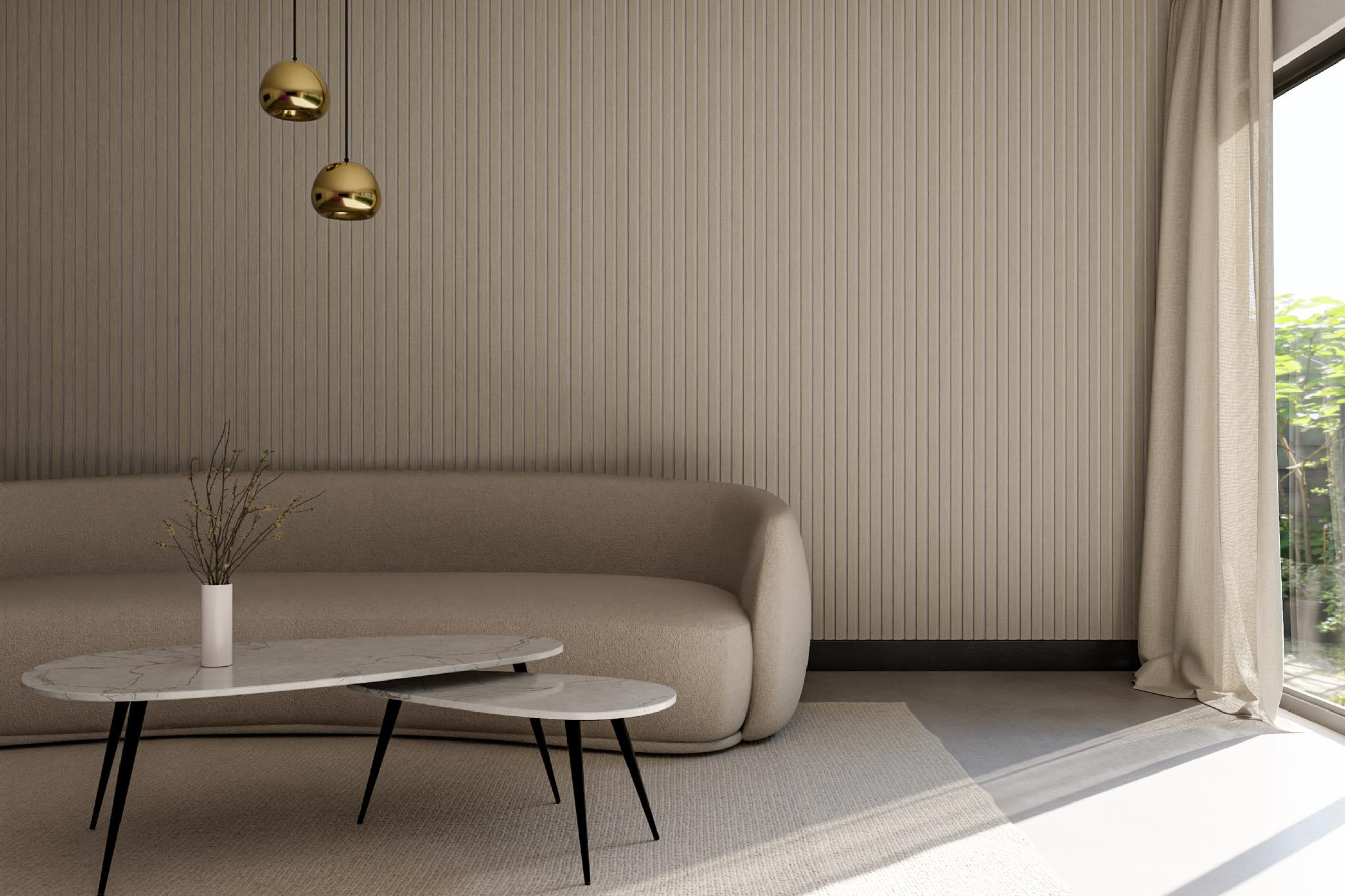 woonkamer met akoestische wandpanelen GewoonGers zithoek lattenwand geluid dempen