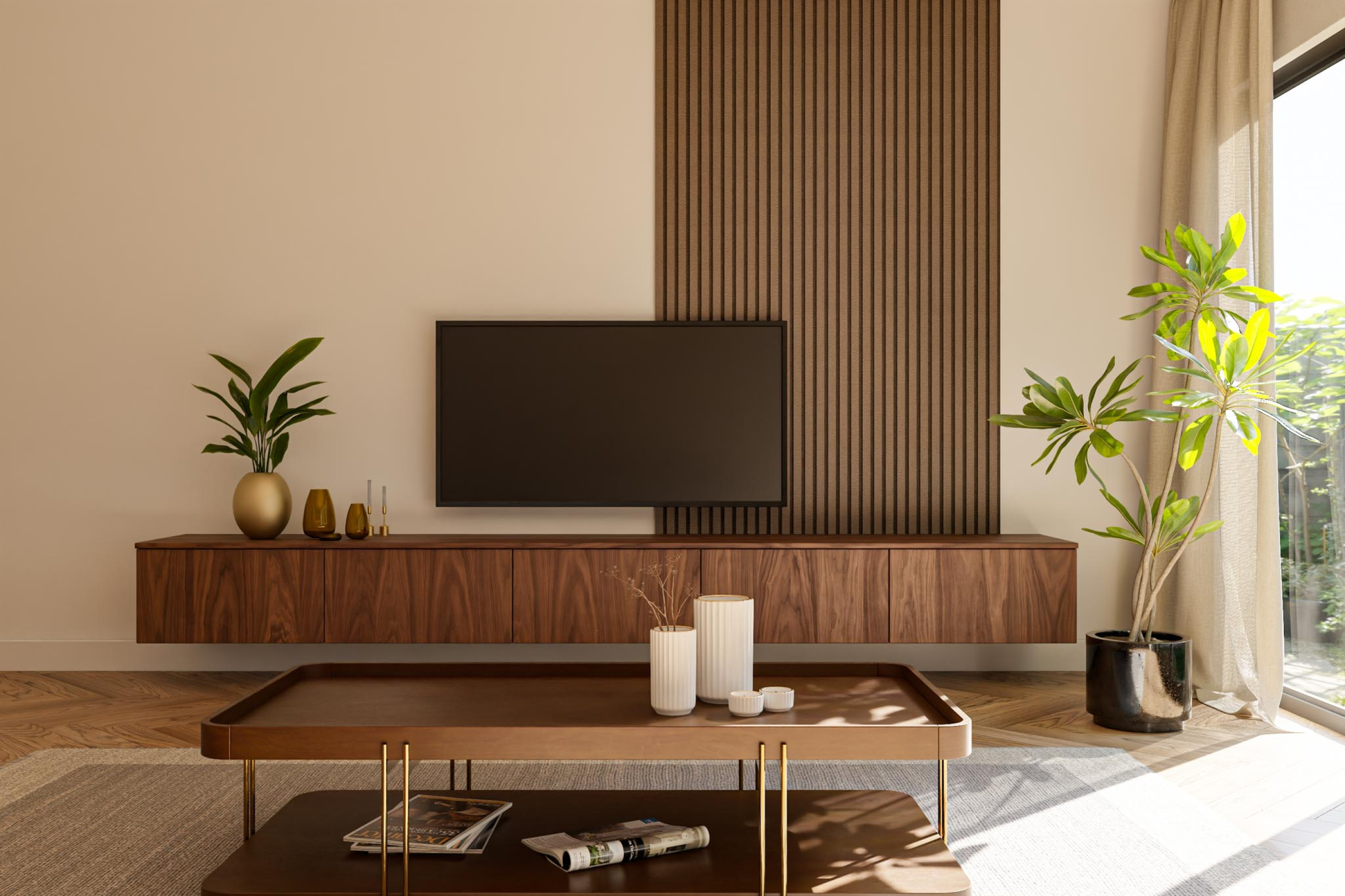 Latjes achter televisie wandpaneel akupanel gewoongers tv meubel