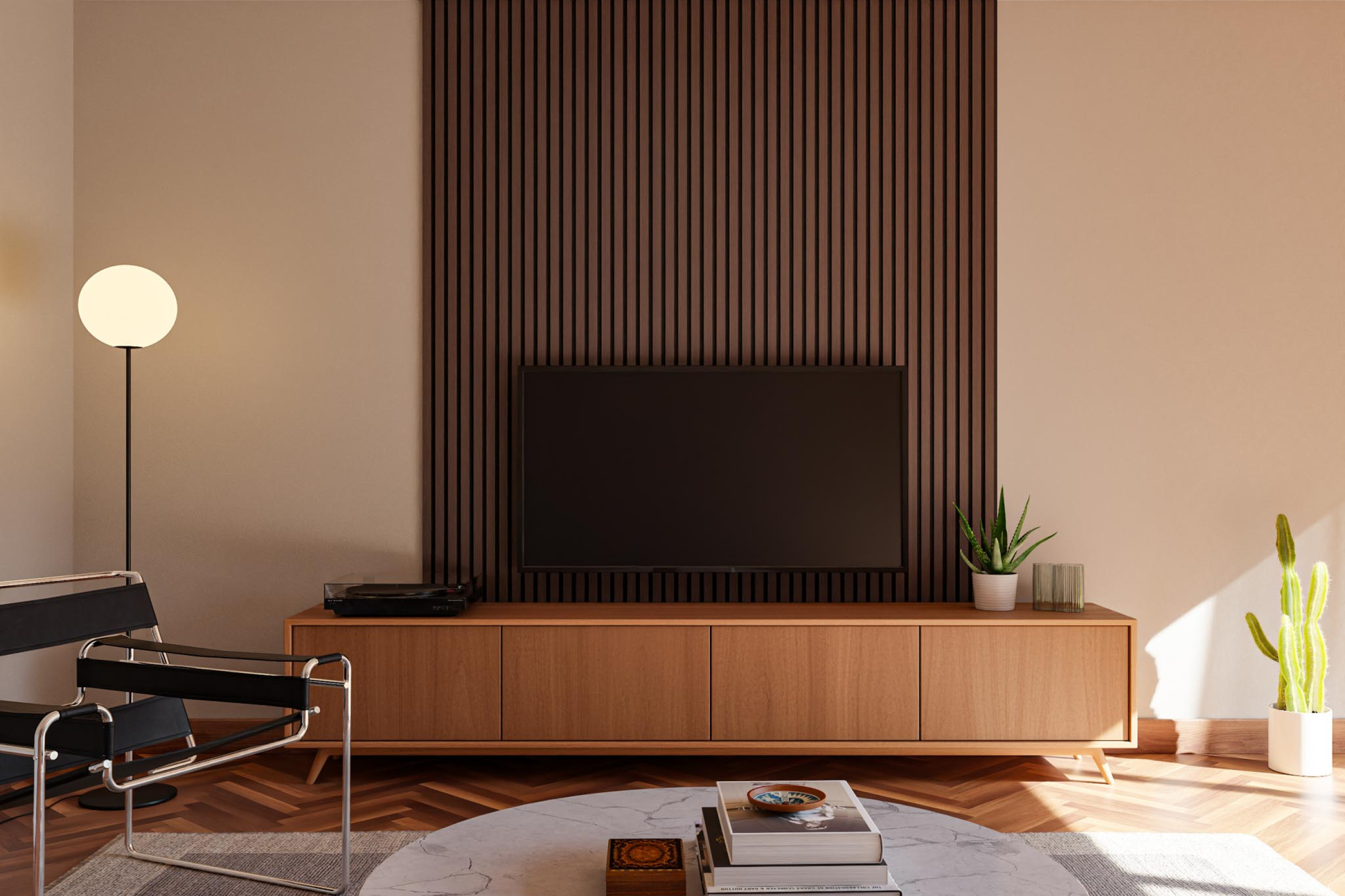 Latjes achter televisie wandpaneel akupanel gewoongers tv meubel