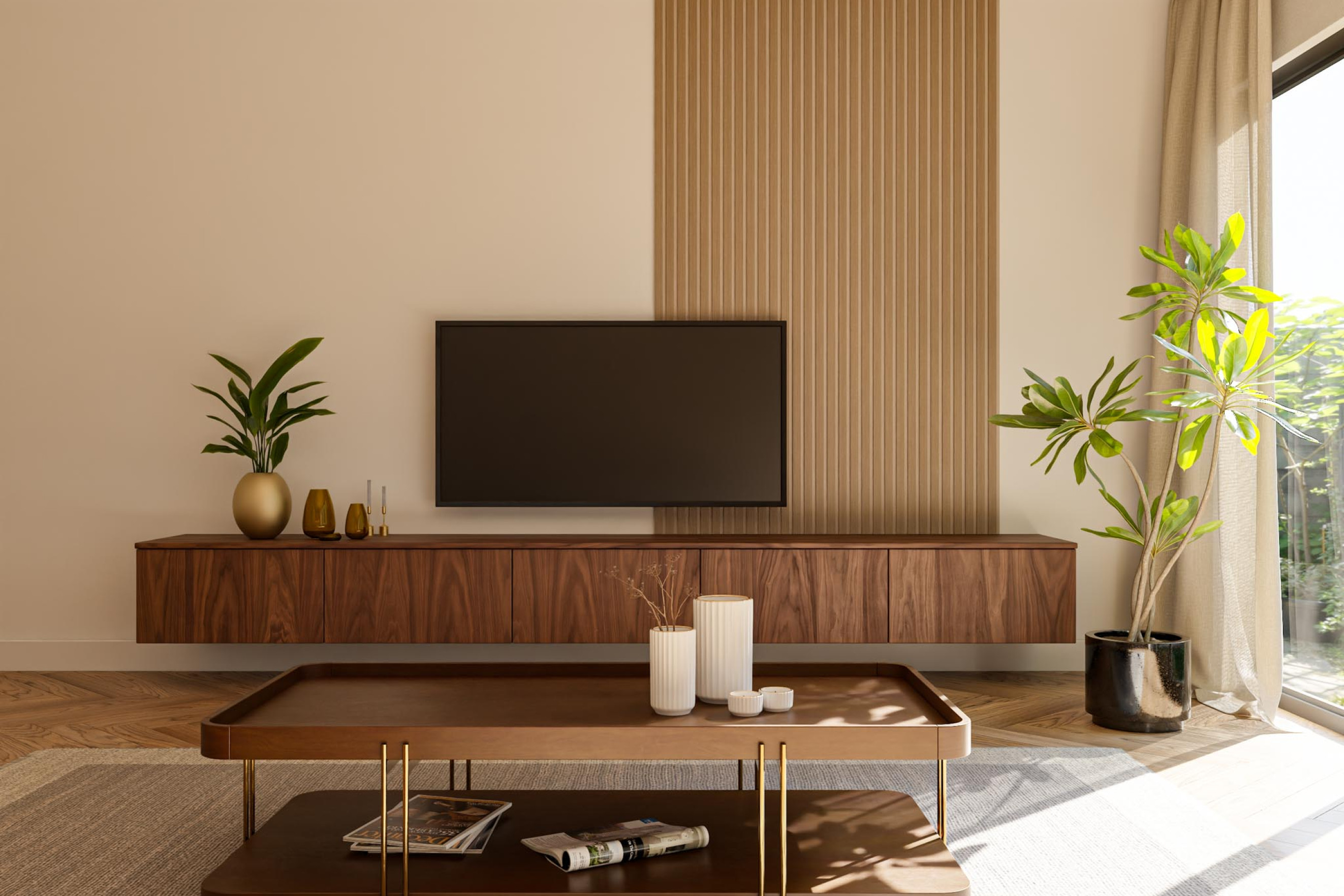 Latjes achter televisie wandpaneel akupanel gewoongers tv meubel