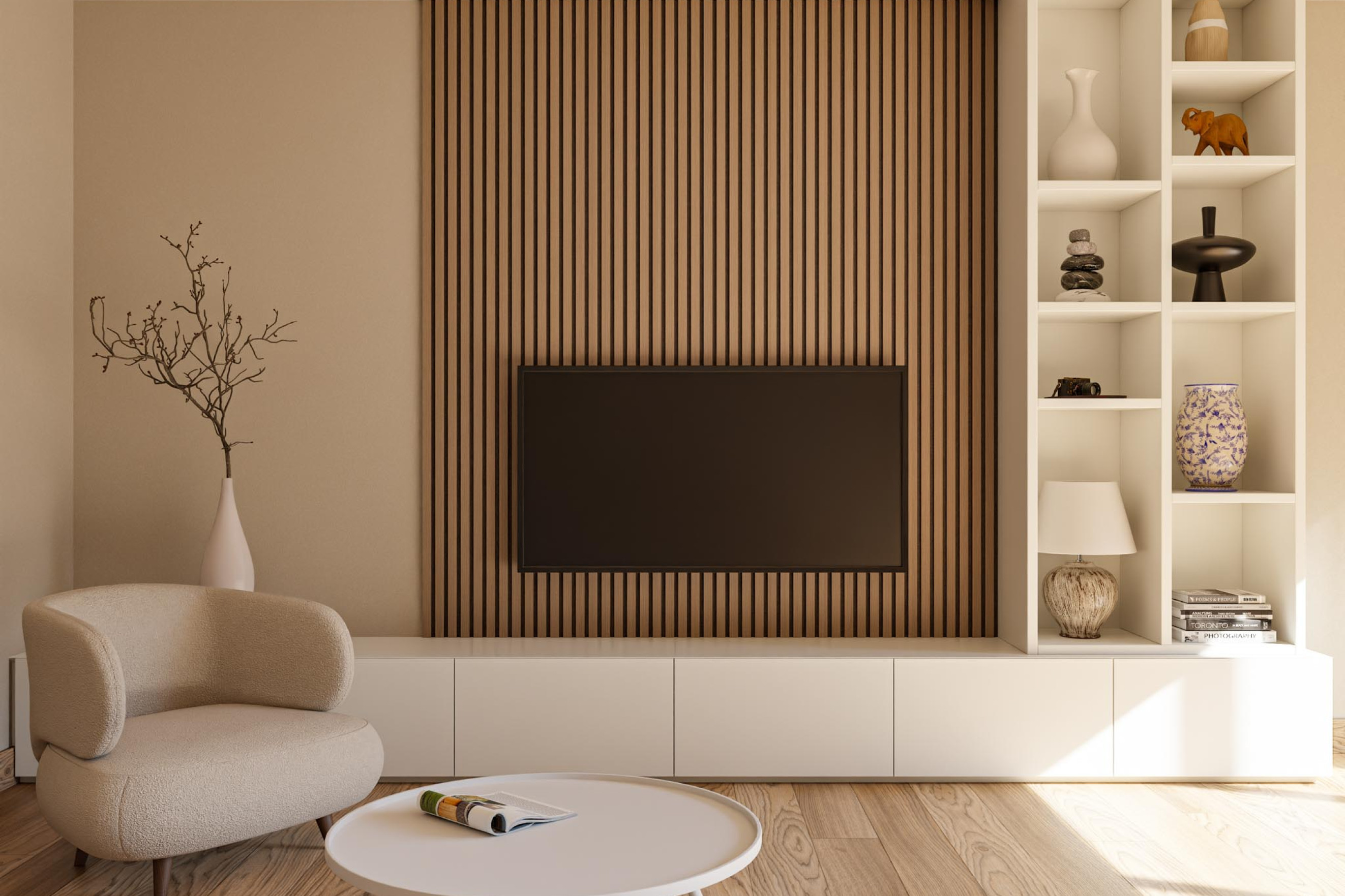 Latjes achter televisie wandpaneel akupanel gewoongers tv meubel