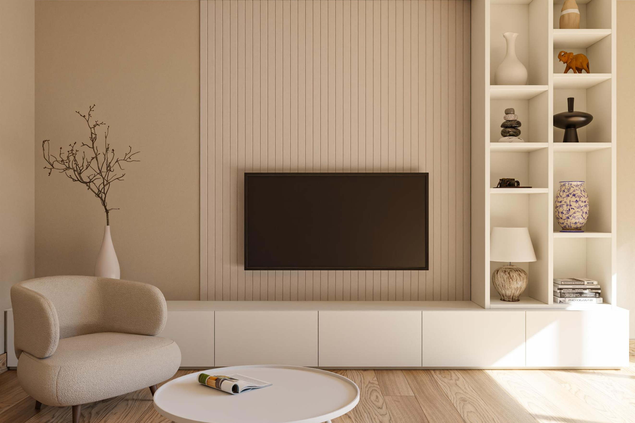 latten achter televisie tv meubel woonkamer inrichten vilt wandpaneel GewoonGers