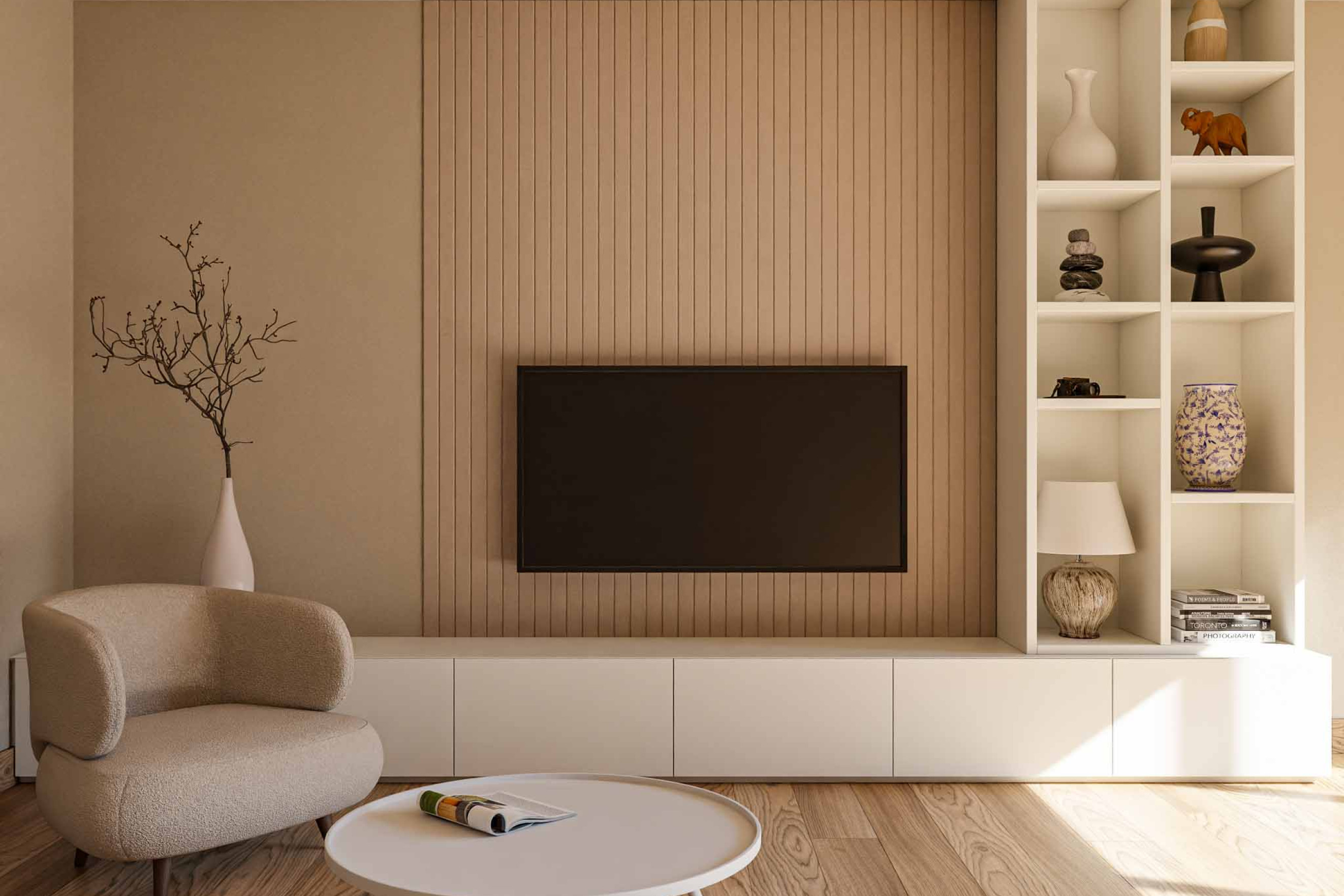 latten achter televisie tv meubel woonkamer inrichten vilt wandpaneel GewoonGers