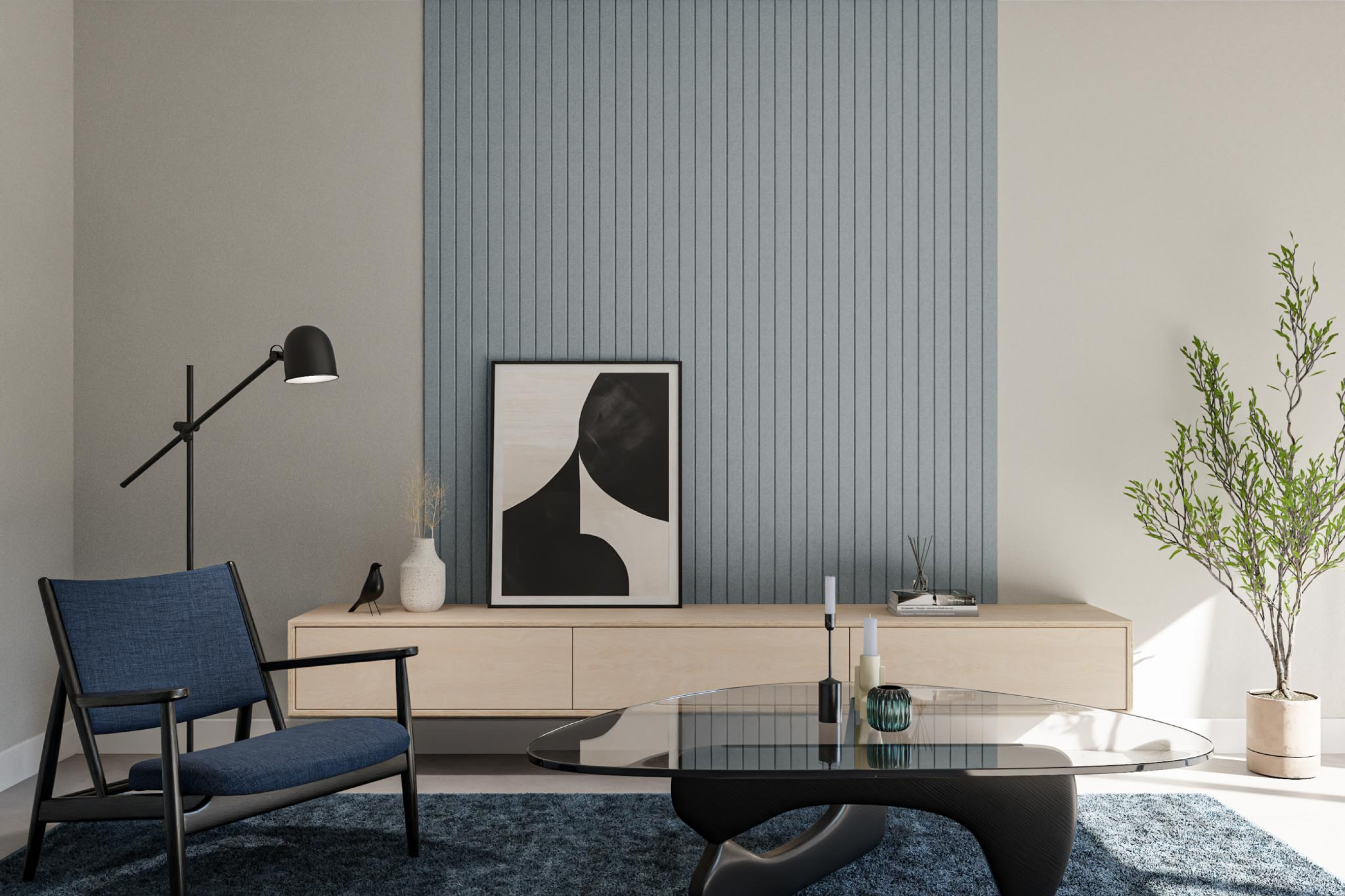 woonkamer inrichten met akoestische panelen wanddecoratie vilt