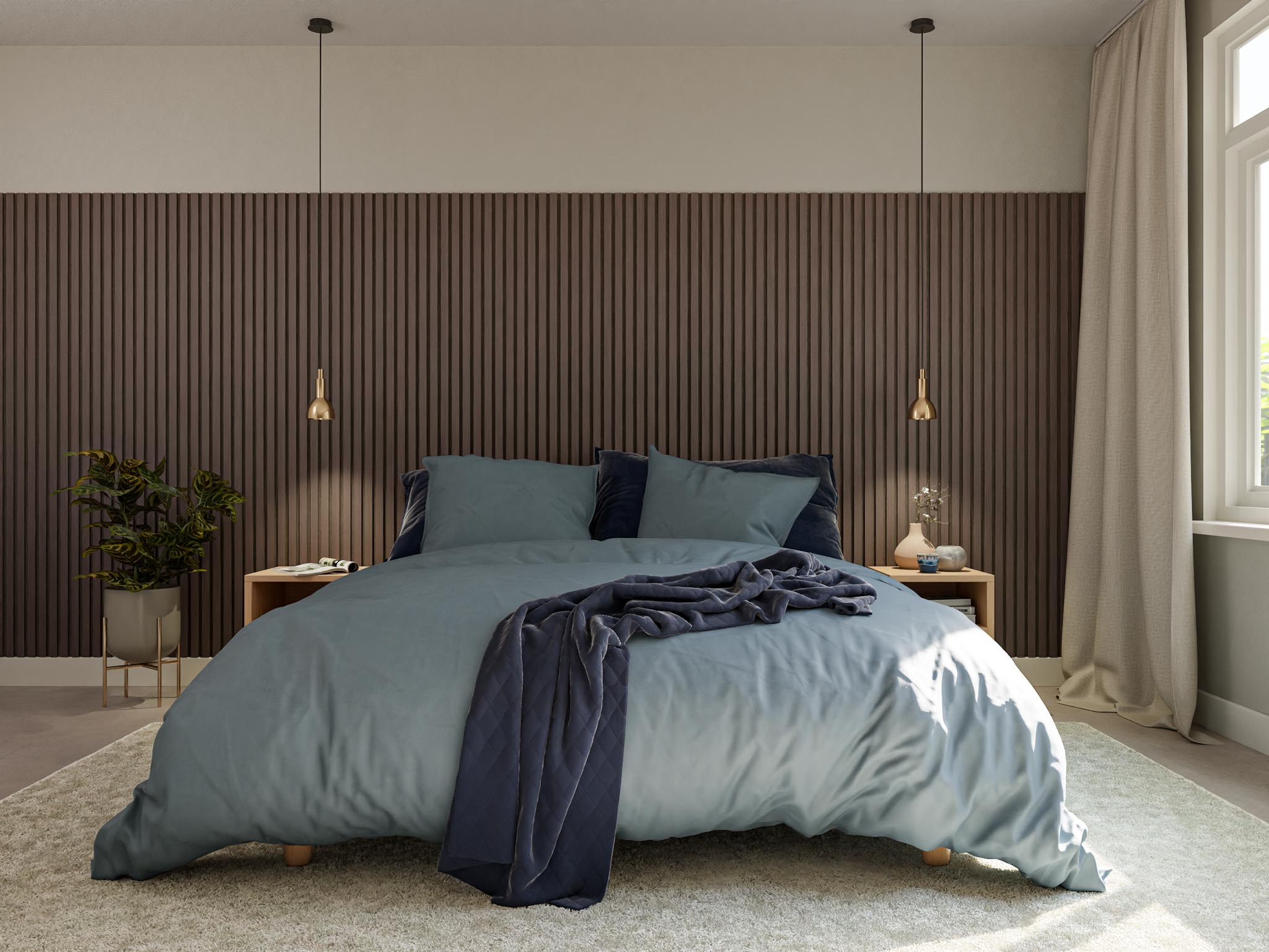 Houtlook akoestische panelen in de slaapkamer