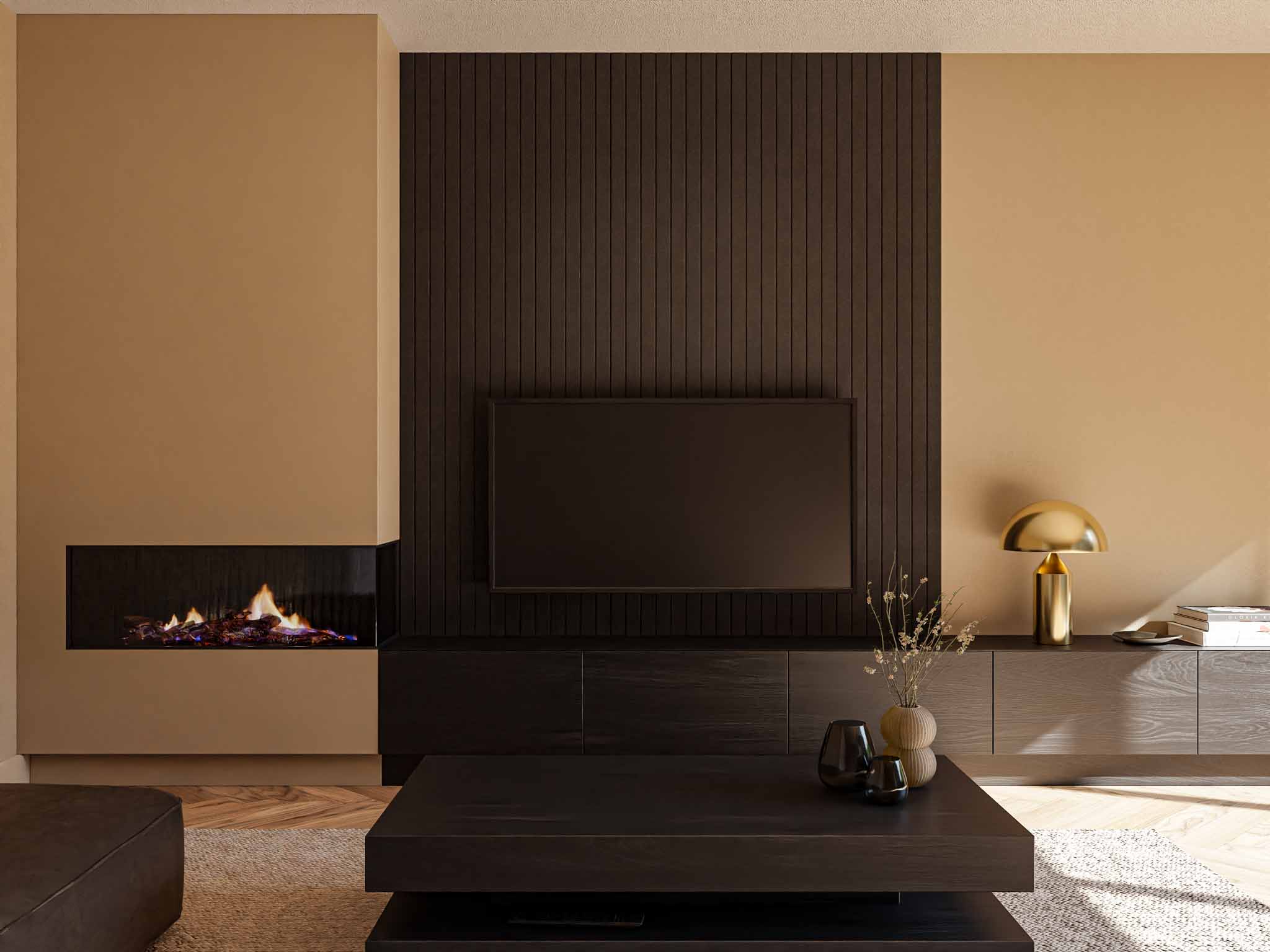 Zwarte akoestische wandpanelen achter tv